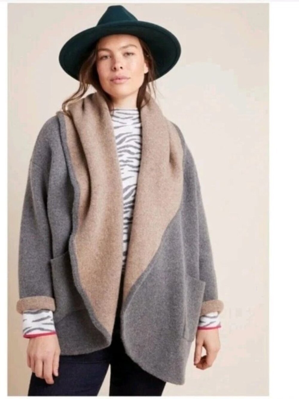 Anthropologie Hygge Cardigan Sweater Women's Oversized Pockets Grey Beige Sz M/L
